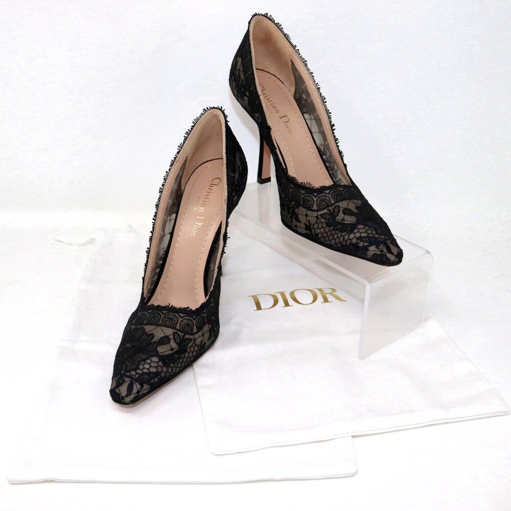 Christian Dior 37.5 Capture Illusion Roses Lace Ember Black Stiletto Heels - Picture 2 of 16